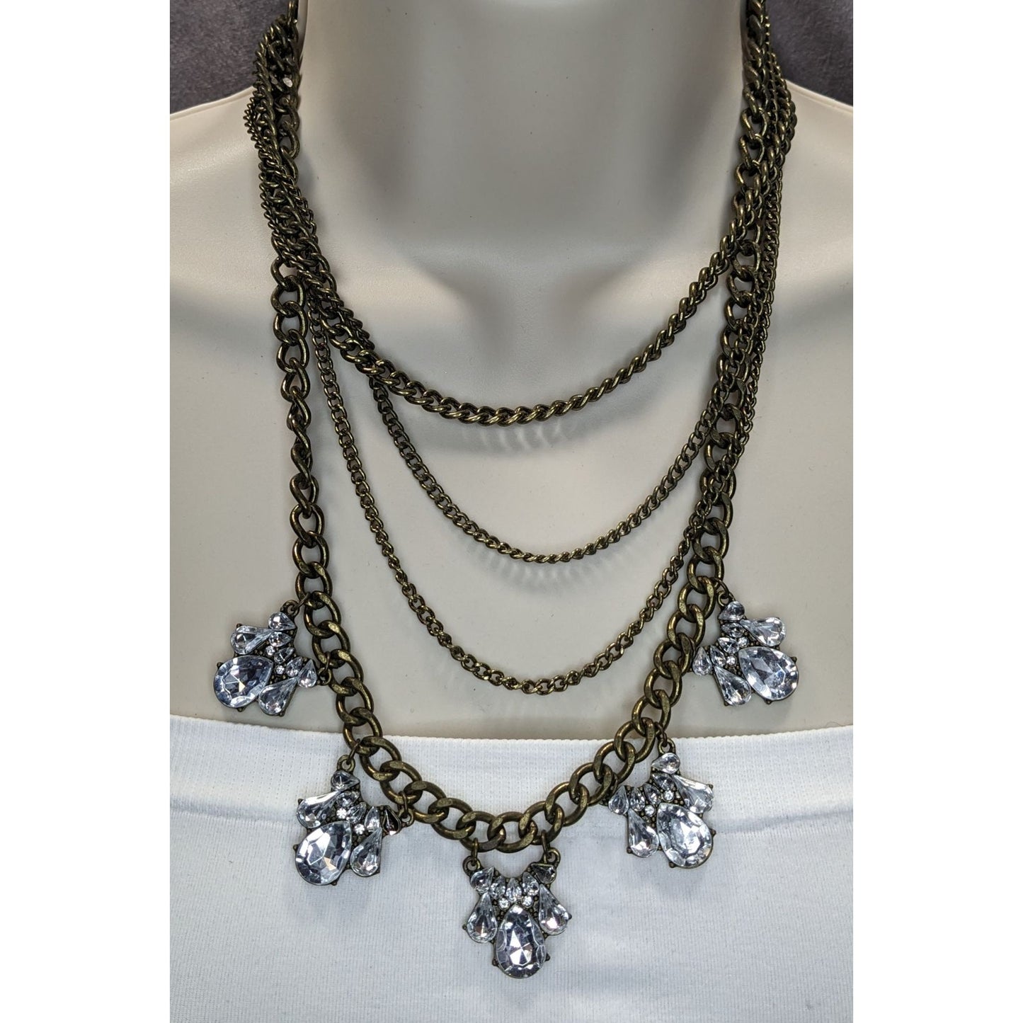 Vintage 90s Floral Glam Multi-Layered Necklace With Crystal Teardrop Charms And Bronze-Tone Chains