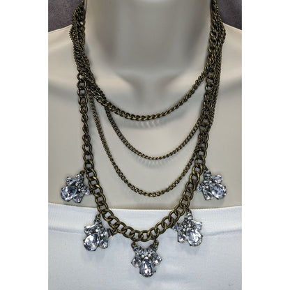 Vintage 90s Floral Glam Multi-Layered Necklace With Crystal Teardrop Charms And Bronze-Tone Chains