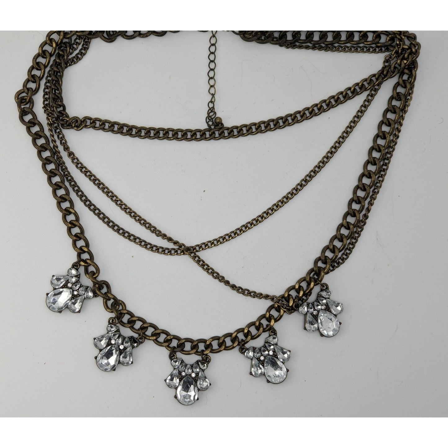 Vintage 90s Floral Glam Multi-Layered Necklace With Crystal Teardrop Charms And Bronze-Tone Chains