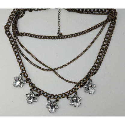 Vintage 90s Floral Glam Multi-Layered Necklace With Crystal Teardrop Charms And Bronze-Tone Chains