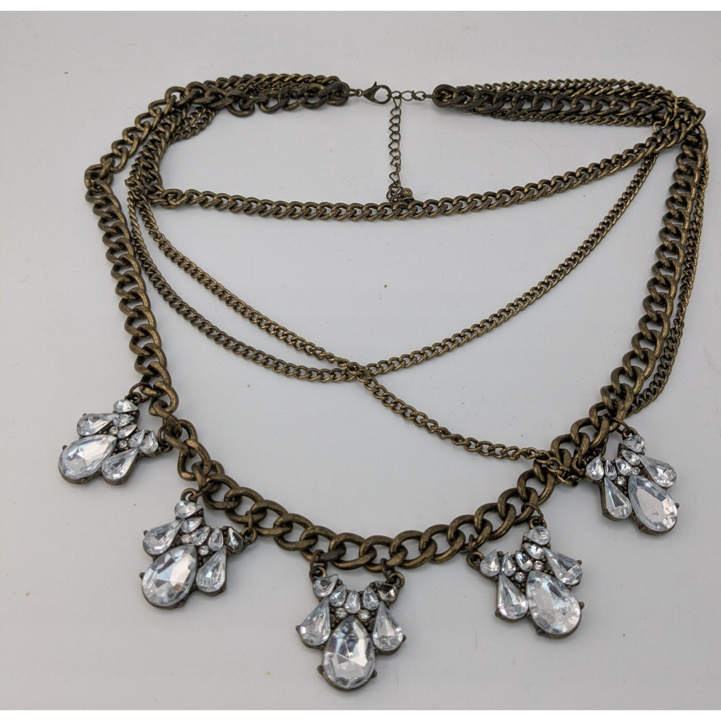 Vintage 90s Floral Glam Multi-Layered Necklace With Crystal Teardrop Charms And Bronze-Tone Chains