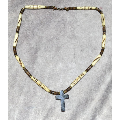 Vintage Carved Bead Blue Jasper Cross Necklace