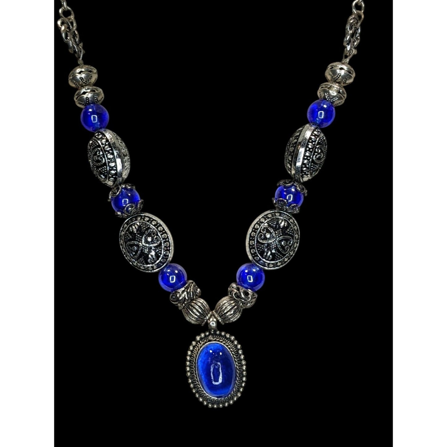Vintage Cobalt Glass Necklace Silver Tone Boho Statement Pendant Jewelry