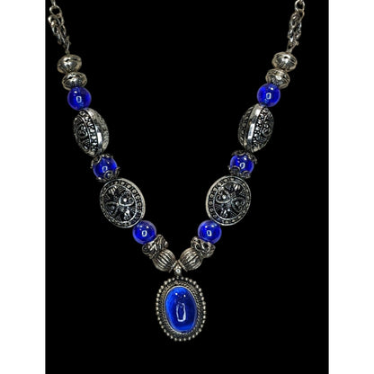 Vintage Cobalt Glass Necklace Silver Tone Boho Statement Pendant Jewelry
