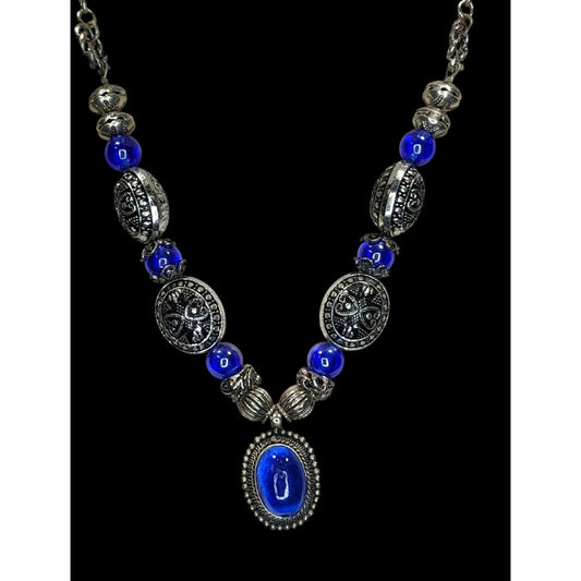 Vintage Cobalt Glass Necklace Silver Tone Boho Statement Pendant Jewelry