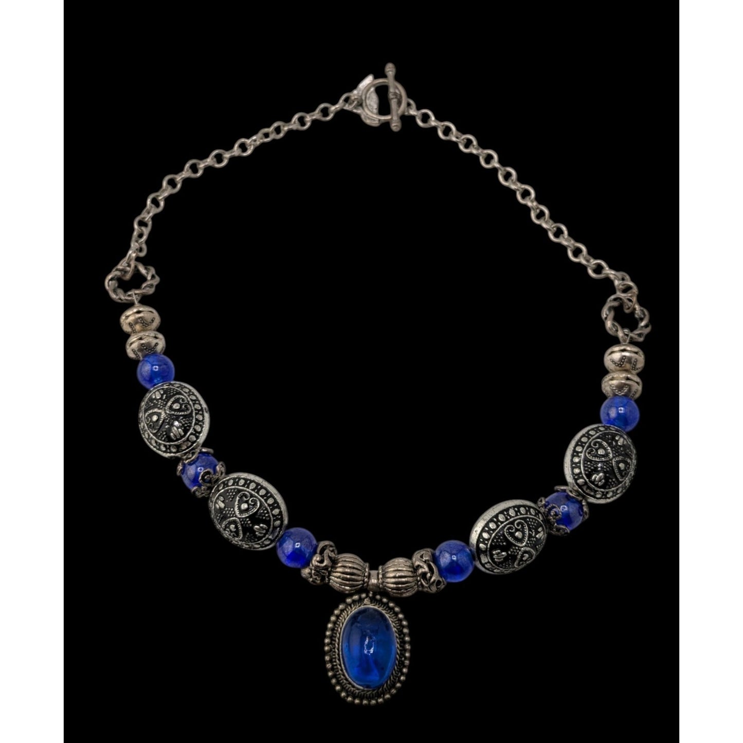 Vintage Cobalt Glass Necklace Silver Tone Boho Statement Pendant Jewelry