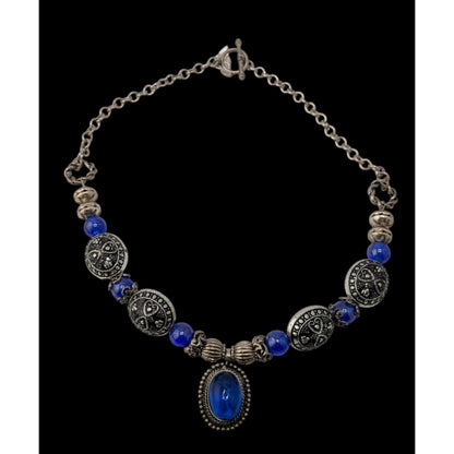 Vintage Cobalt Glass Necklace Silver Tone Boho Statement Pendant Jewelry