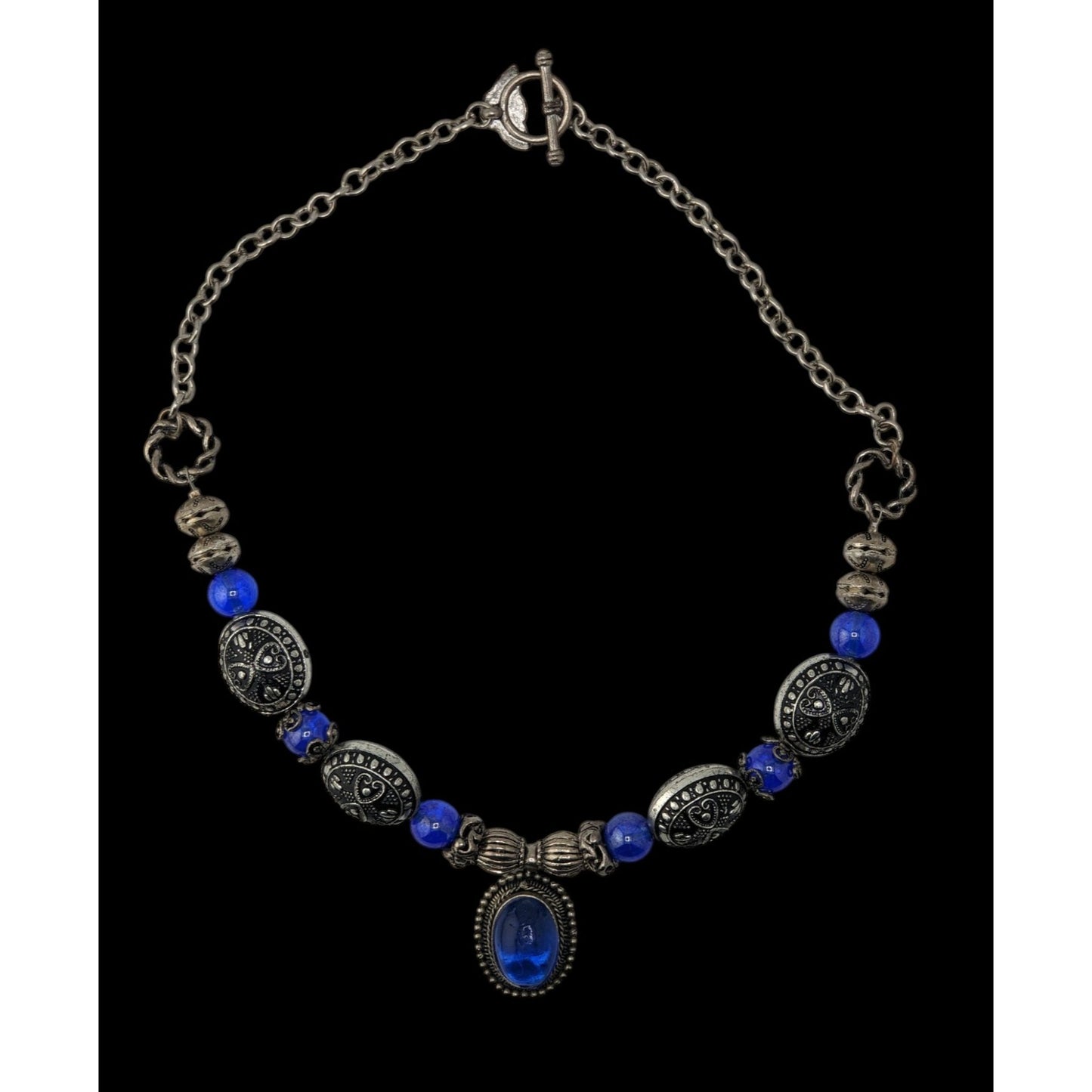 Vintage Cobalt Glass Necklace Silver Tone Boho Statement Pendant Jewelry