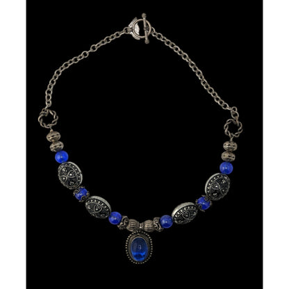 Vintage Cobalt Glass Necklace Silver Tone Boho Statement Pendant Jewelry