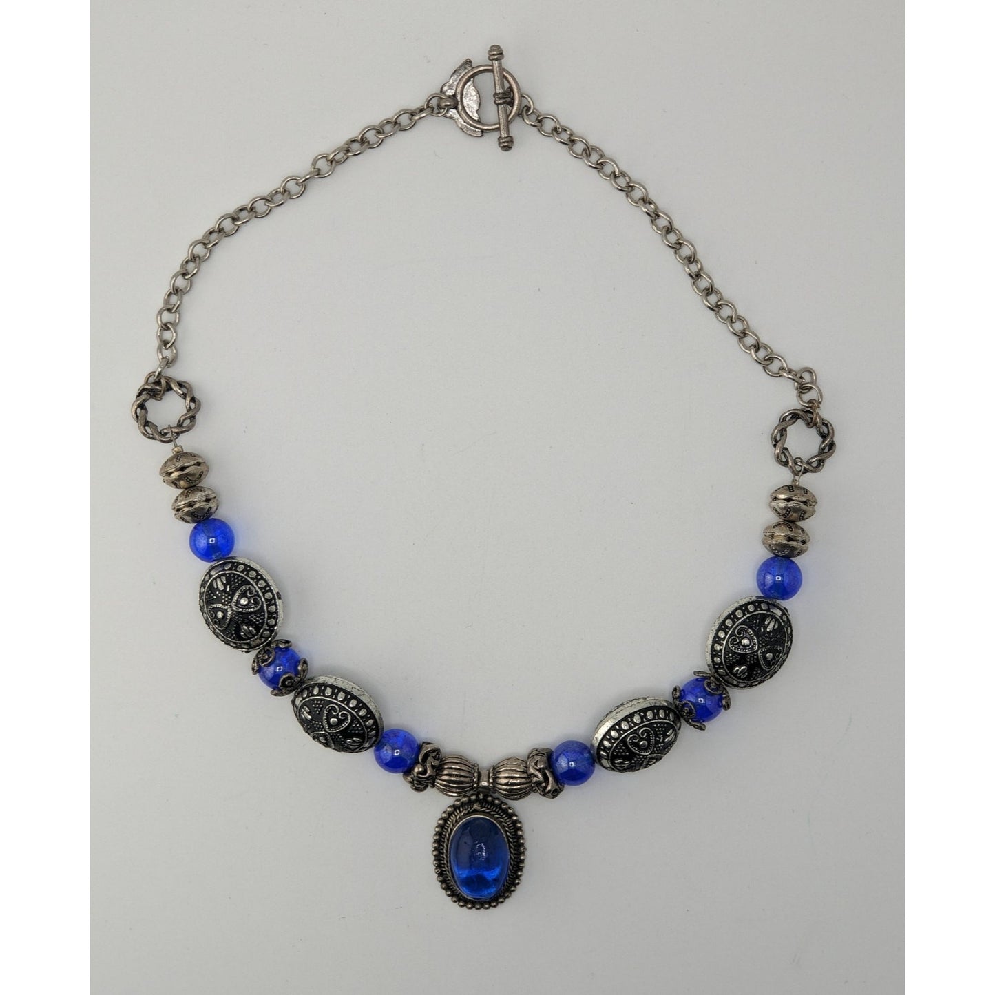 Vintage Cobalt Glass Necklace Silver Tone Boho Statement Pendant Jewelry