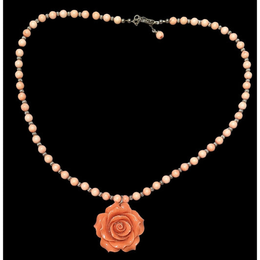 Retro Cottagecore Pink Beaded Floral Pendant Necklace