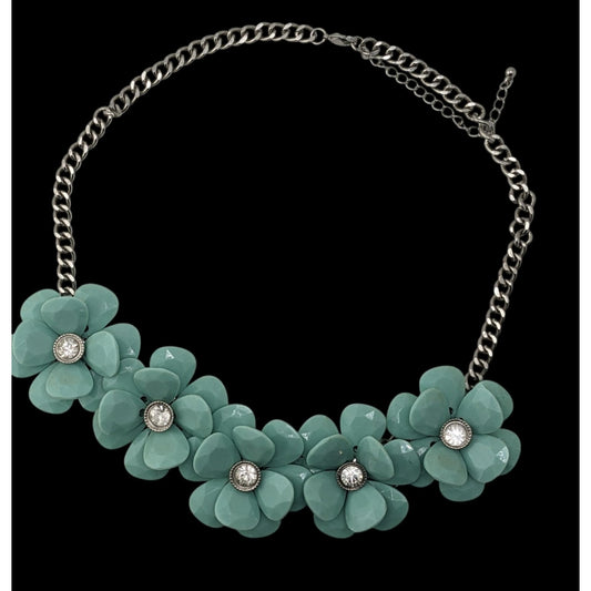 Fairycore Turquoise Tone Flower Statement Necklace With Rhinestones