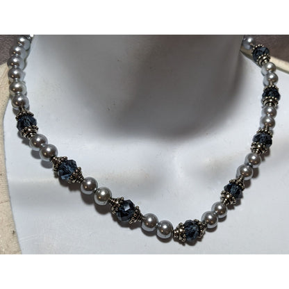 Elegant Silver Faux Pearl Beaded Glass Necklace