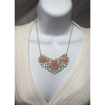 Vintage Gold Tone Filigree Necklace With Orange Stone Accents