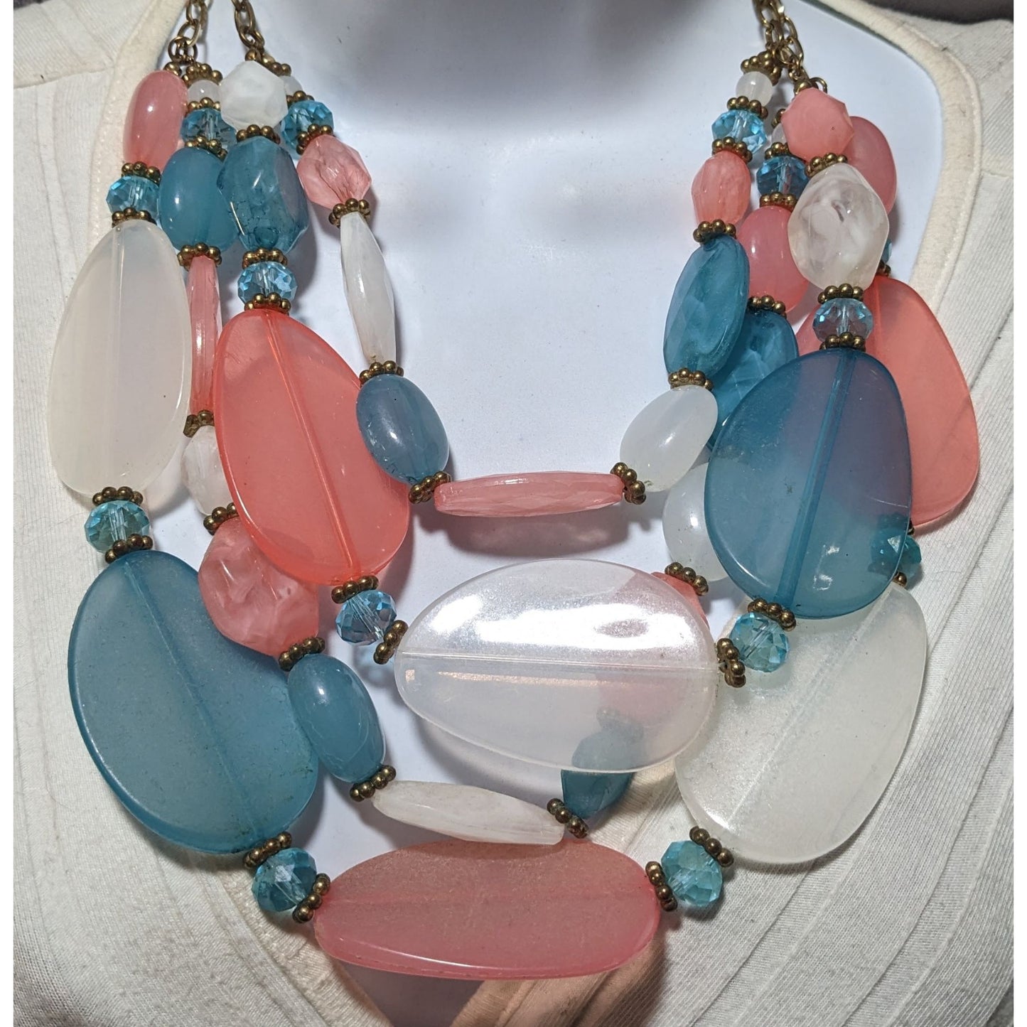 Chunky Pink Blue And White Statement Necklace