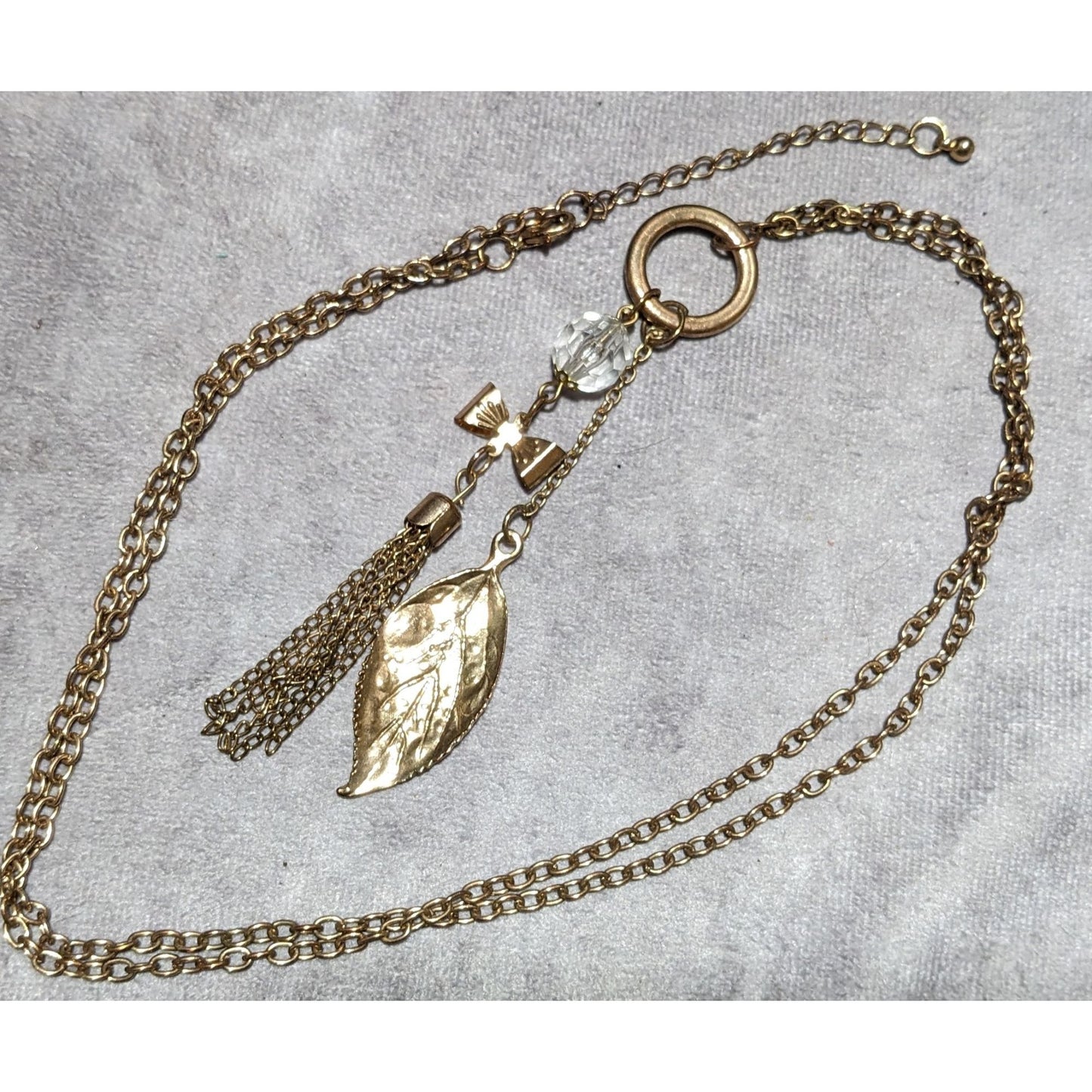 Gold Coquette Bow And  Leaf Tassel Necklace