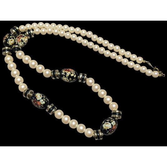 Vintage Cream And Black Pearl Floral Necklace