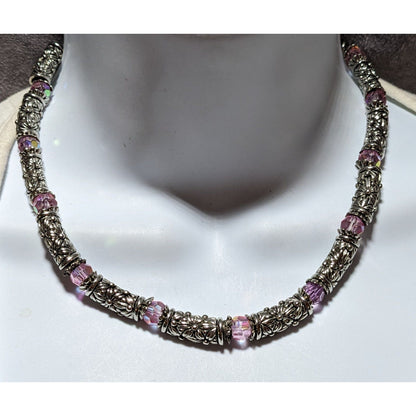 Silver Floral Pink Aurora Borealis Necklace
