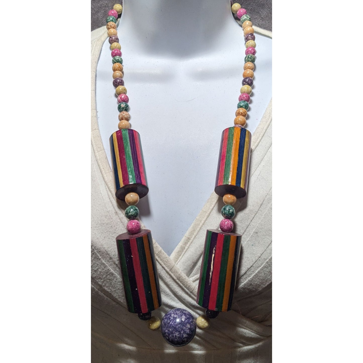 Vintage Rainbow Wood Stone Necklace