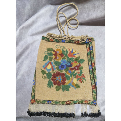 Antique Victorian Beaded Drawstring Floral Reticule