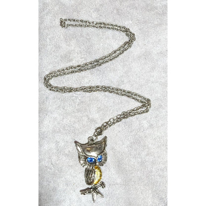 Blue And Yellow Gemmed Steampunk Owl Necklace