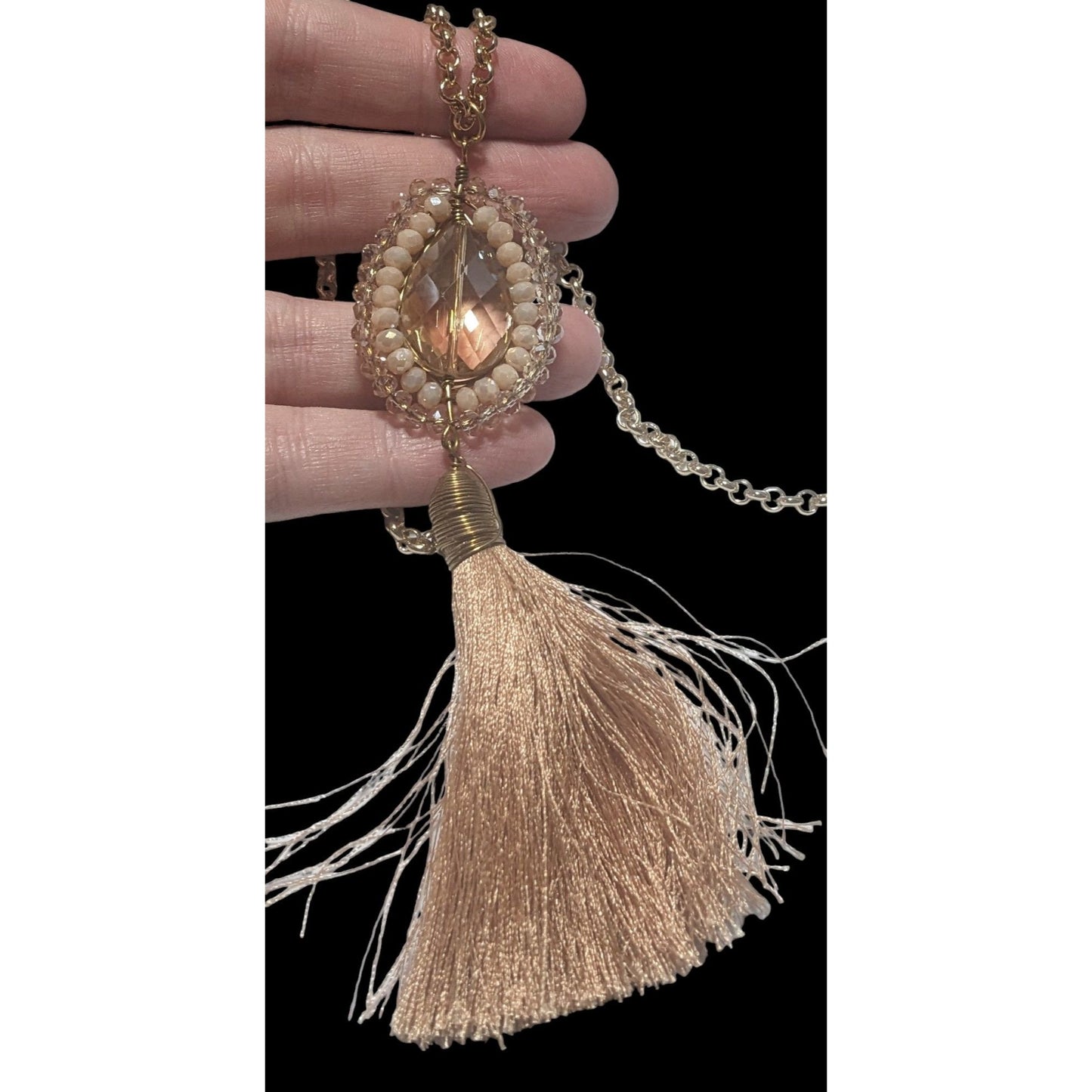 Bohemian Crystal Pendant Necklace With Tassel & Beaded Details