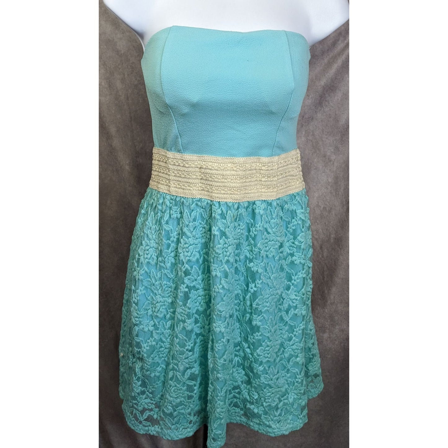 Turquoise Floral Lace Strapless Mini Dress