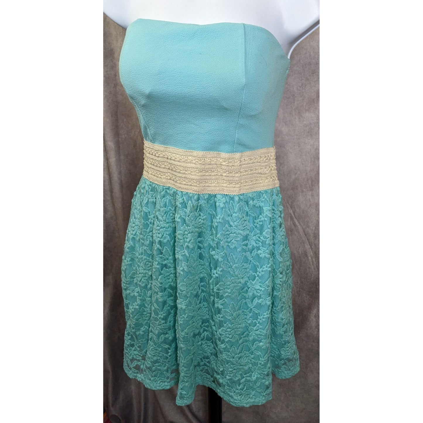 Turquoise Floral Lace Strapless Mini Dress