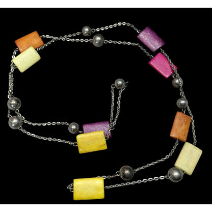 Vintage Rainbow And Stone Silver Tone Station Necklace