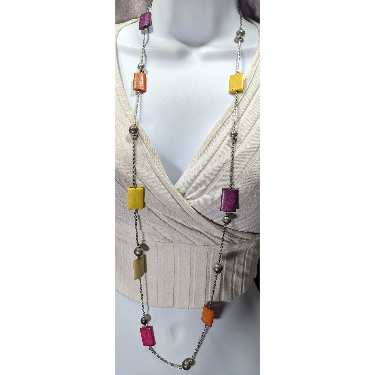 Vintage Rainbow And Stone Silver Tone Station Necklace