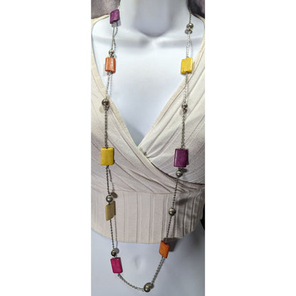 Vintage Rainbow And Stone Silver Tone Station Necklace