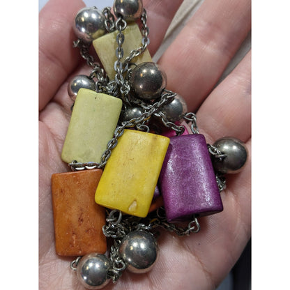 Vintage Rainbow And Stone Silver Tone Station Necklace