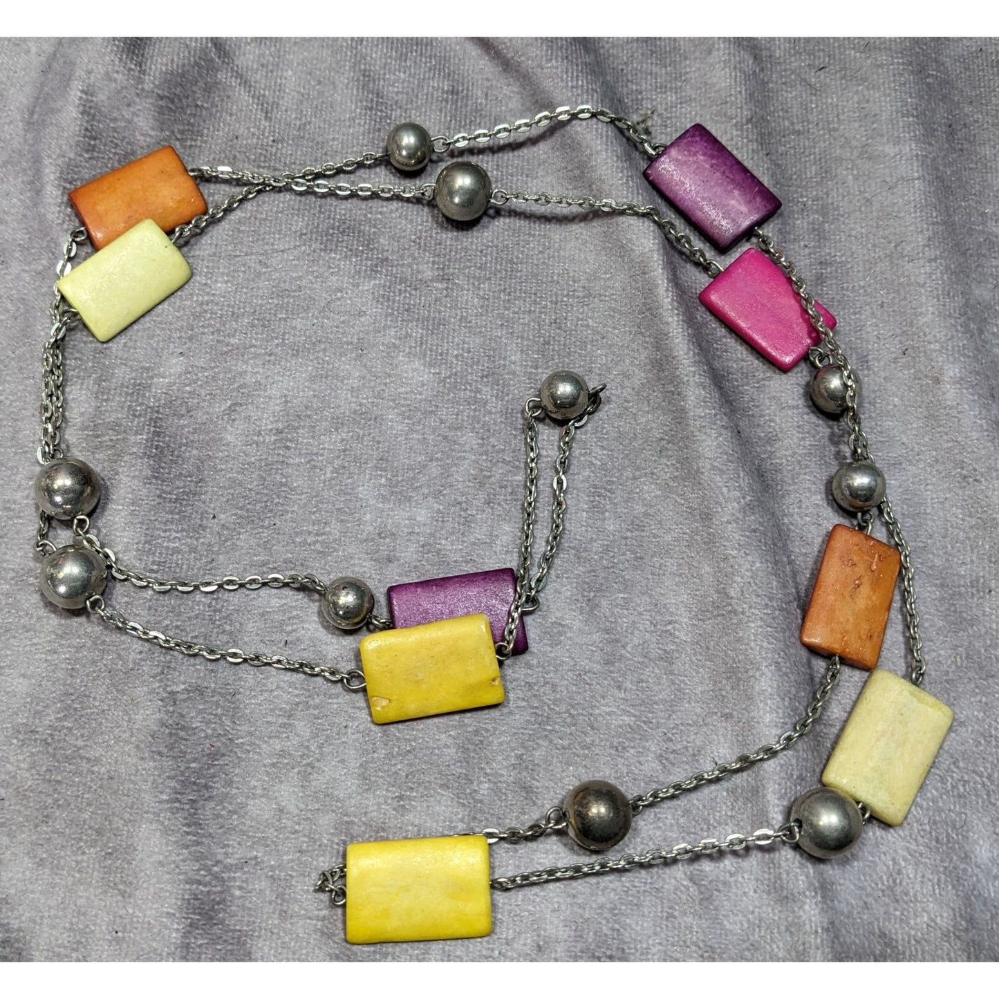 Vintage Rainbow And Stone Silver Tone Station Necklace
