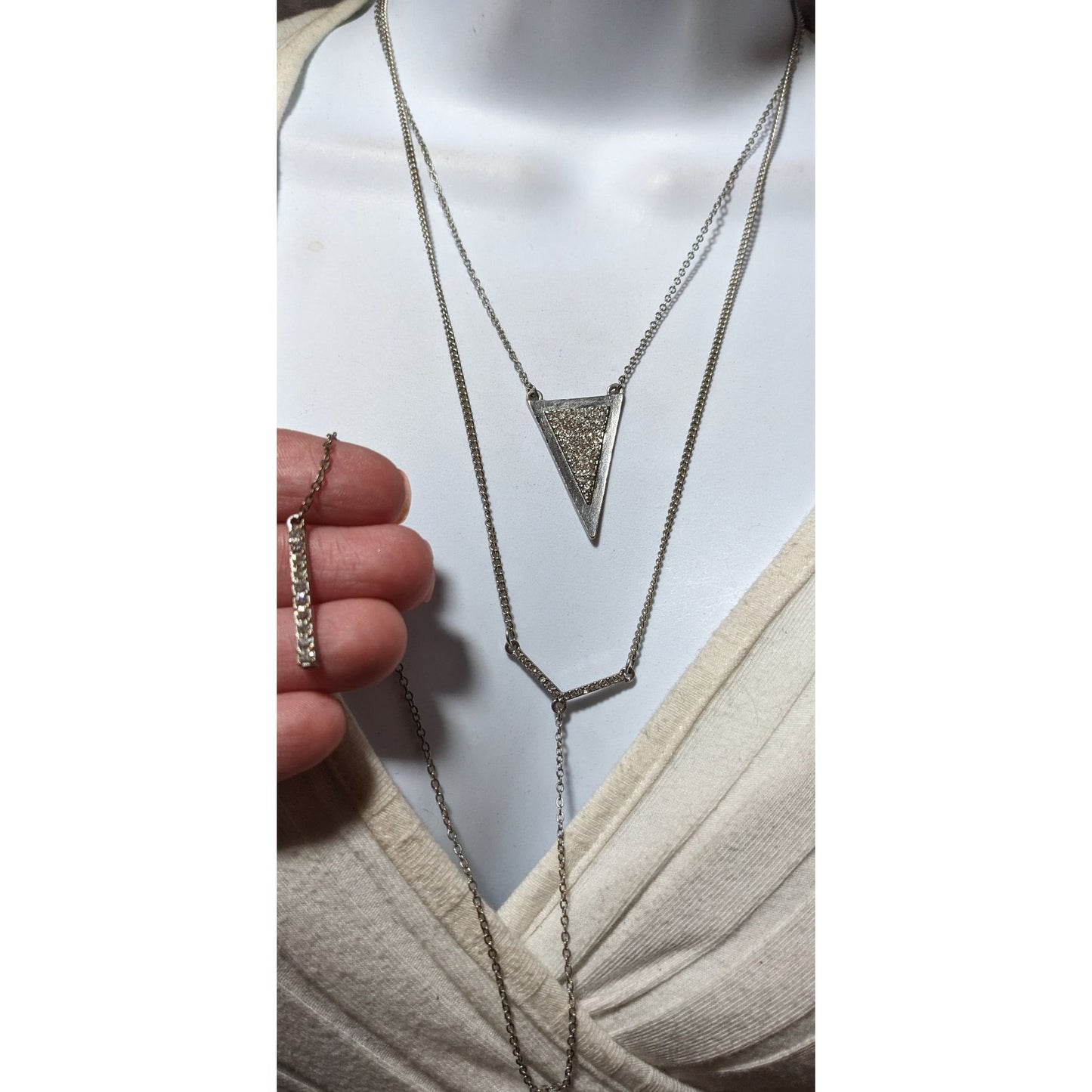 Silver Rhinestone Geometric Lariat Necklace