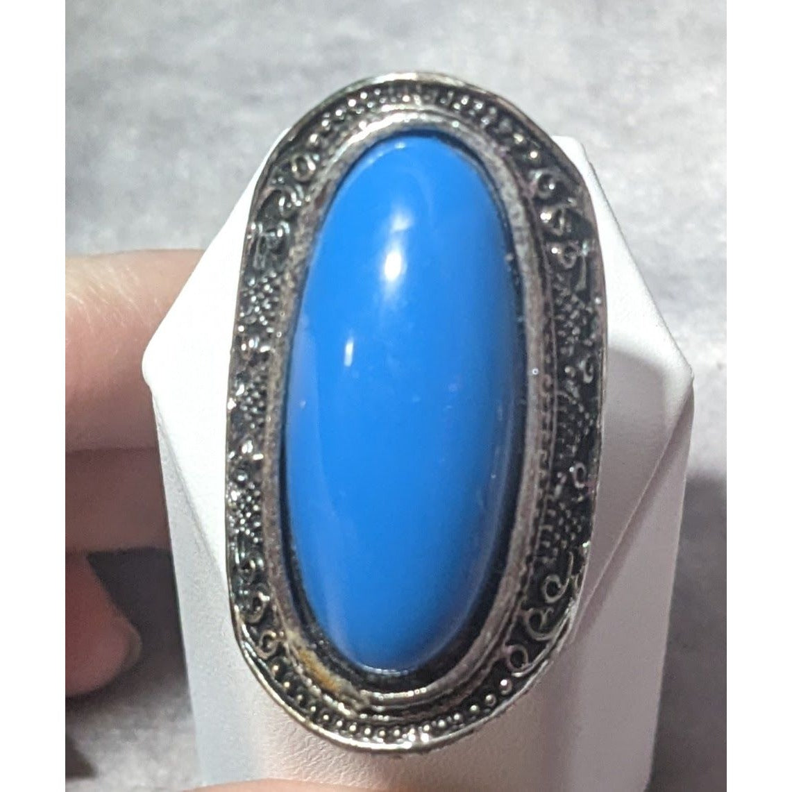 Bohemian Large Blue Stone Silver Tone Adjustable Ring Size 6 1/2