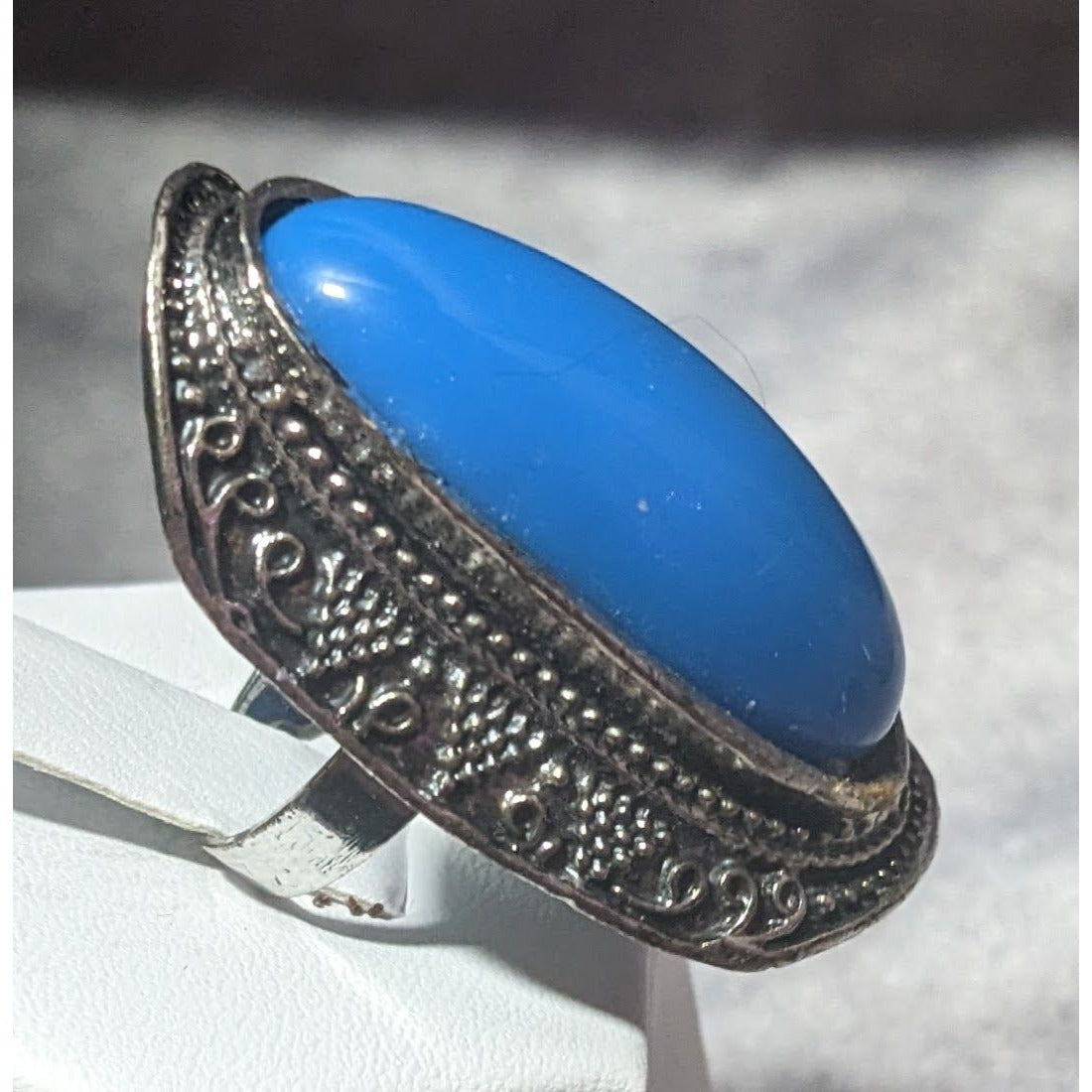 Bohemian Large Blue Stone Silver Tone Adjustable Ring Size 6 1/2