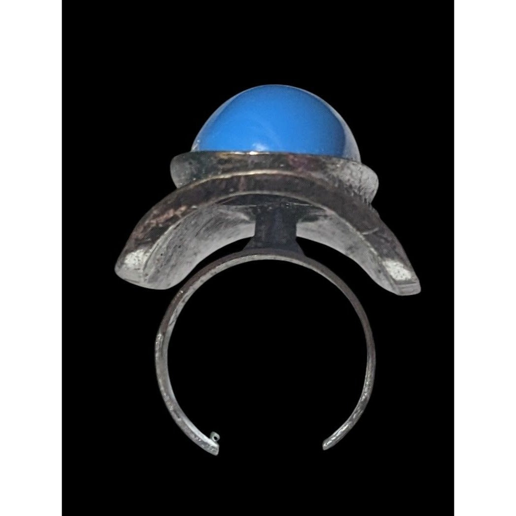 Bohemian Large Blue Stone Silver Tone Adjustable Ring Size 6 1/2