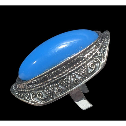 Bohemian Large Blue Stone Silver Tone Adjustable Ring Size 6 1/2