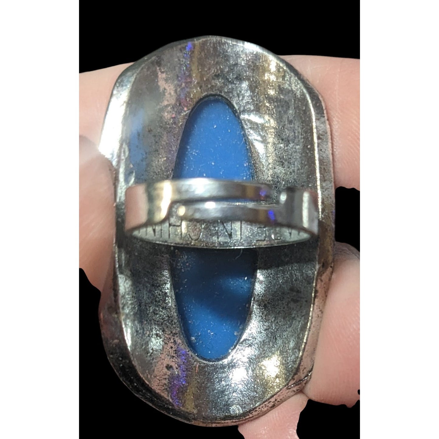 Bohemian Large Blue Stone Silver Tone Adjustable Ring Size 6 1/2