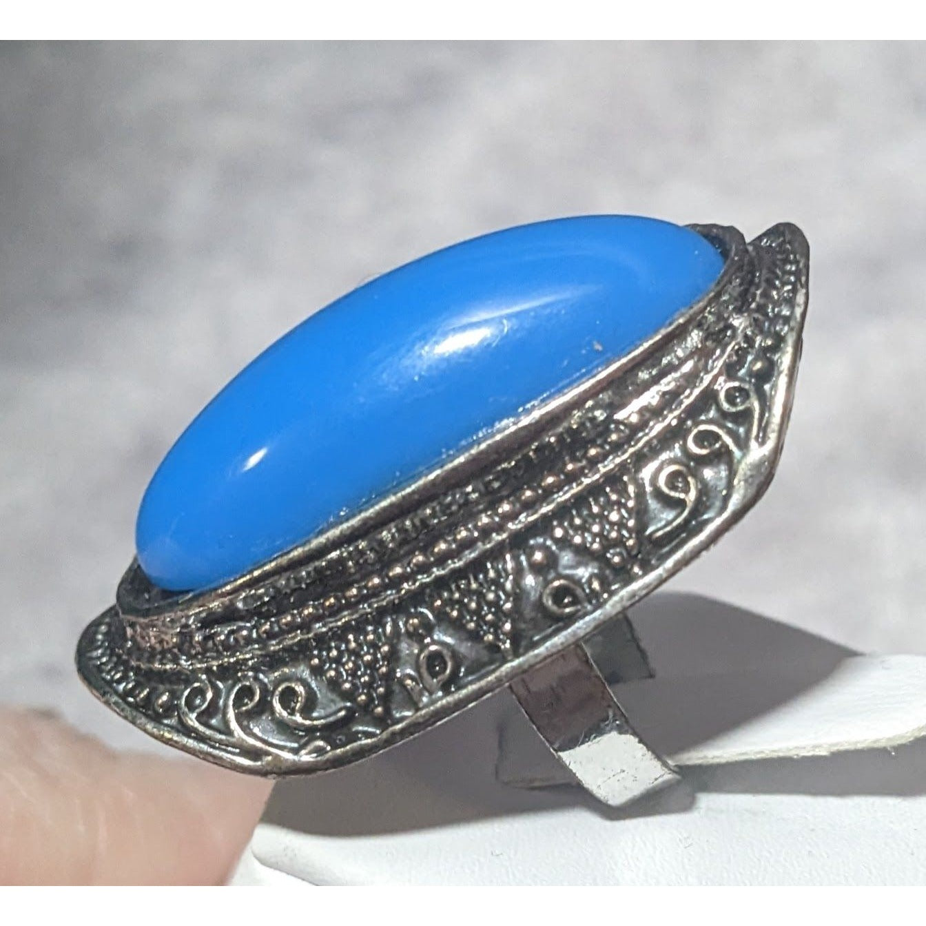 Bohemian Large Blue Stone Silver Tone Adjustable Ring Size 6 1/2