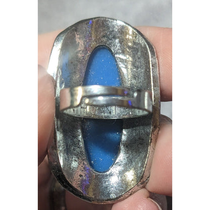 Bohemian Large Blue Stone Silver Tone Adjustable Ring Size 6 1/2