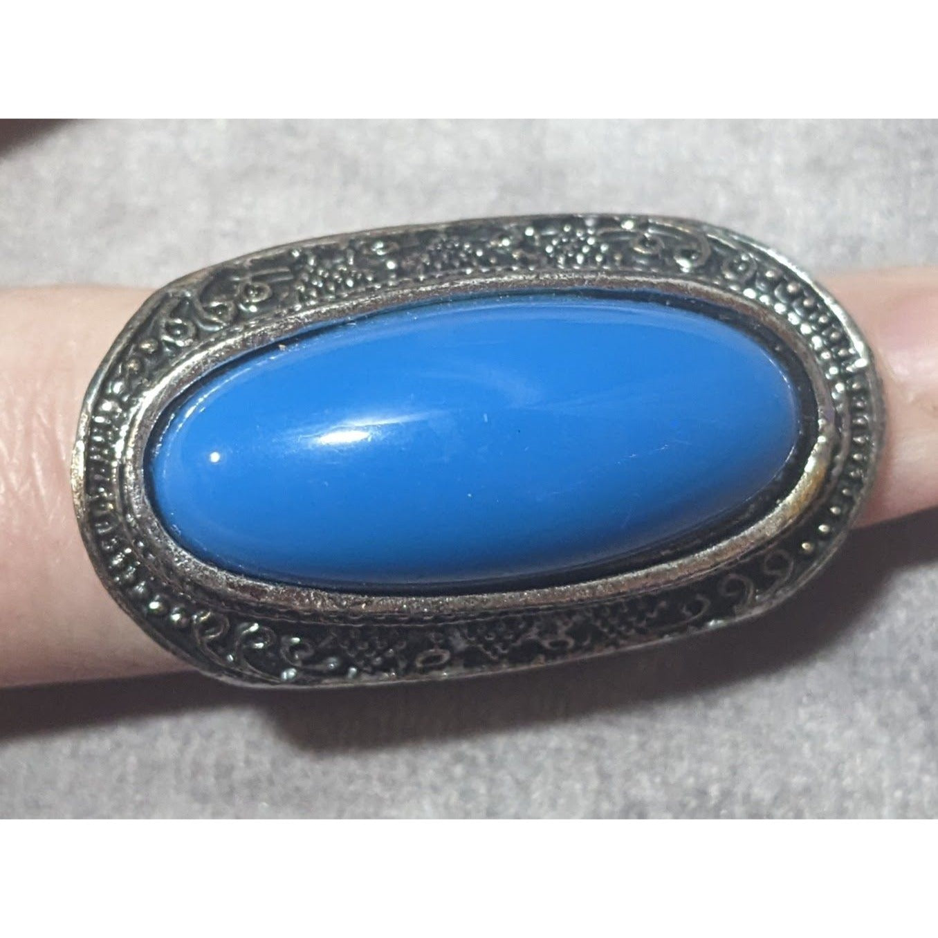 Bohemian Large Blue Stone Silver Tone Adjustable Ring Size 6 1/2