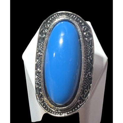 Bohemian Large Blue Stone Silver Tone Adjustable Ring Size 6 1/2