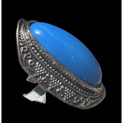 Bohemian Large Blue Stone Silver Tone Adjustable Ring Size 6 1/2