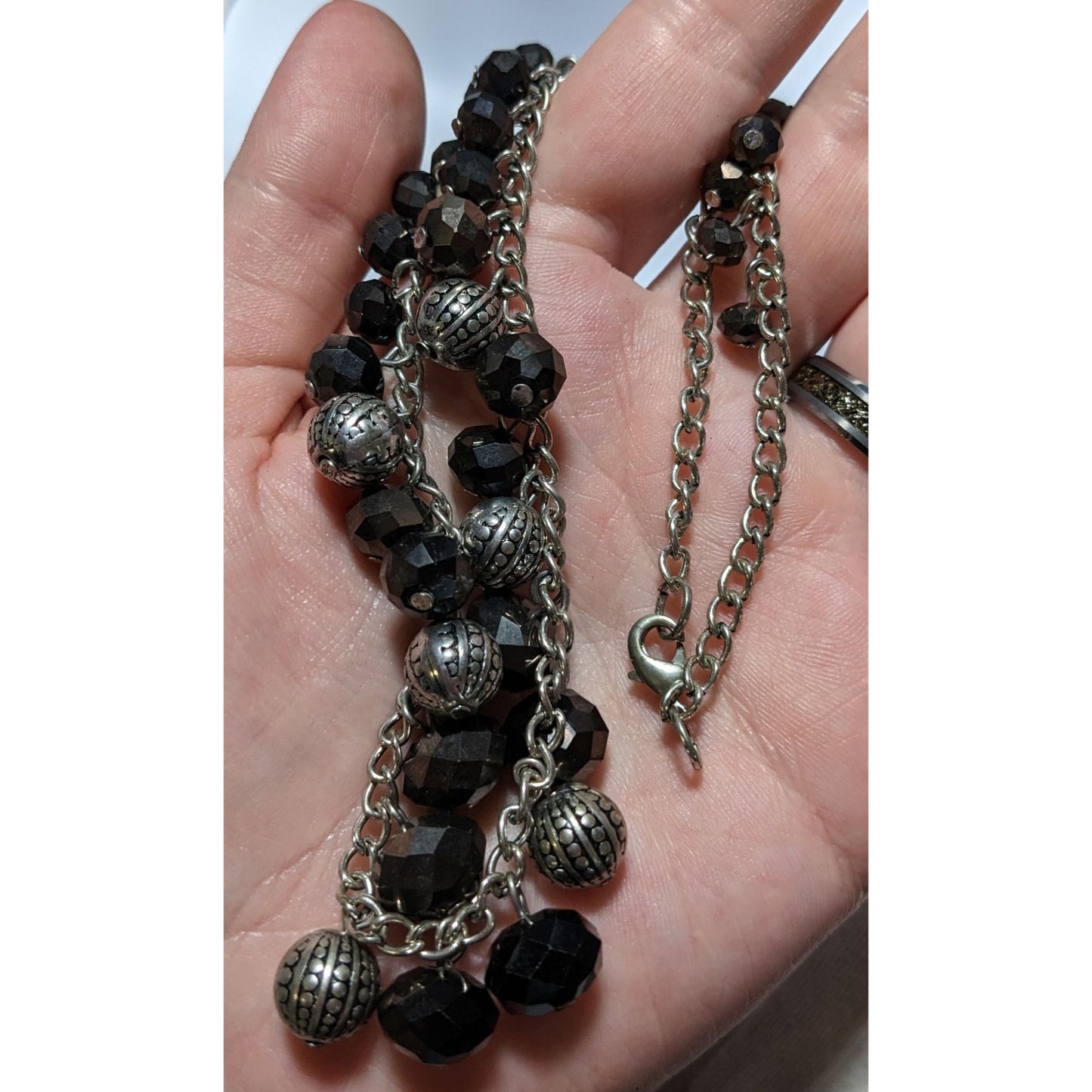 Black And Silver Beaded Charm Necklace