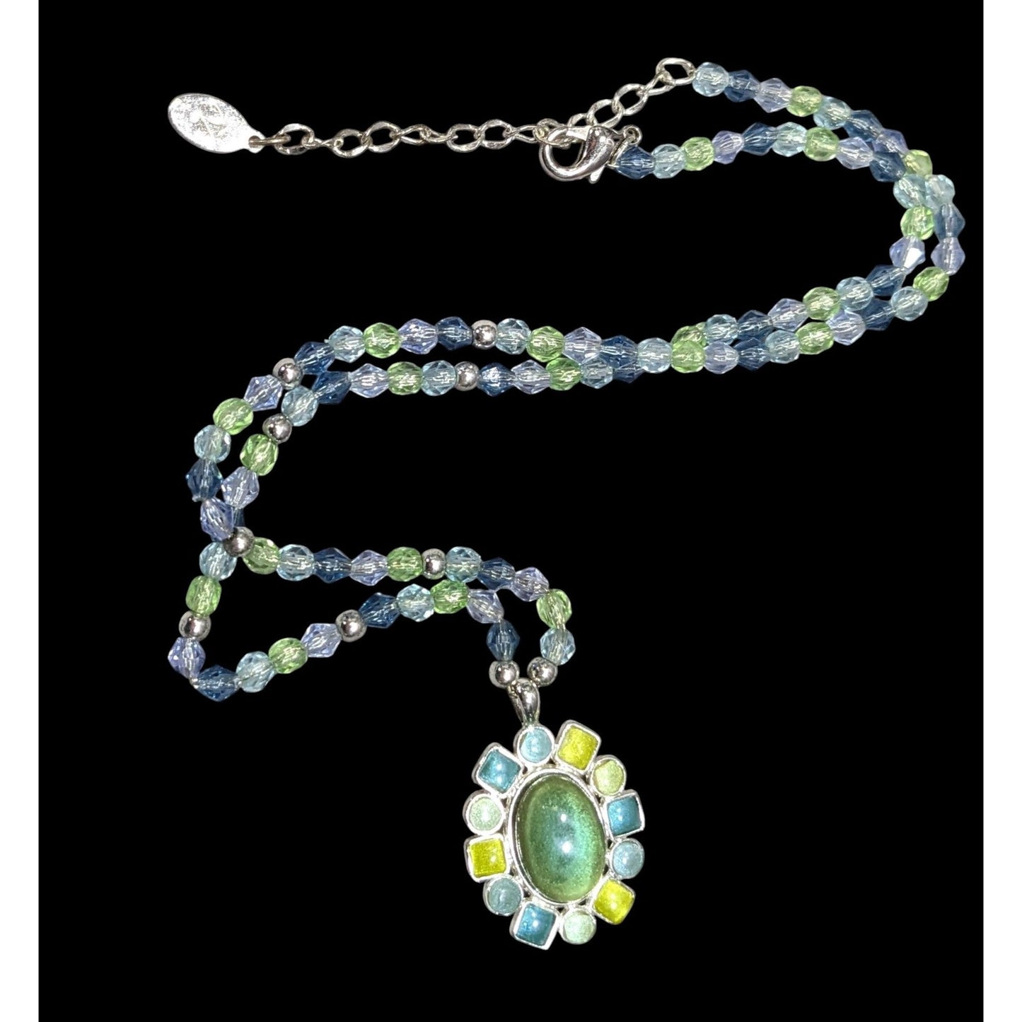 Village Blue And Green Pendant Necklace With Enamel Accents