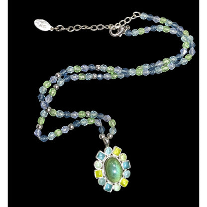 Village Blue And Green Pendant Necklace With Enamel Accents