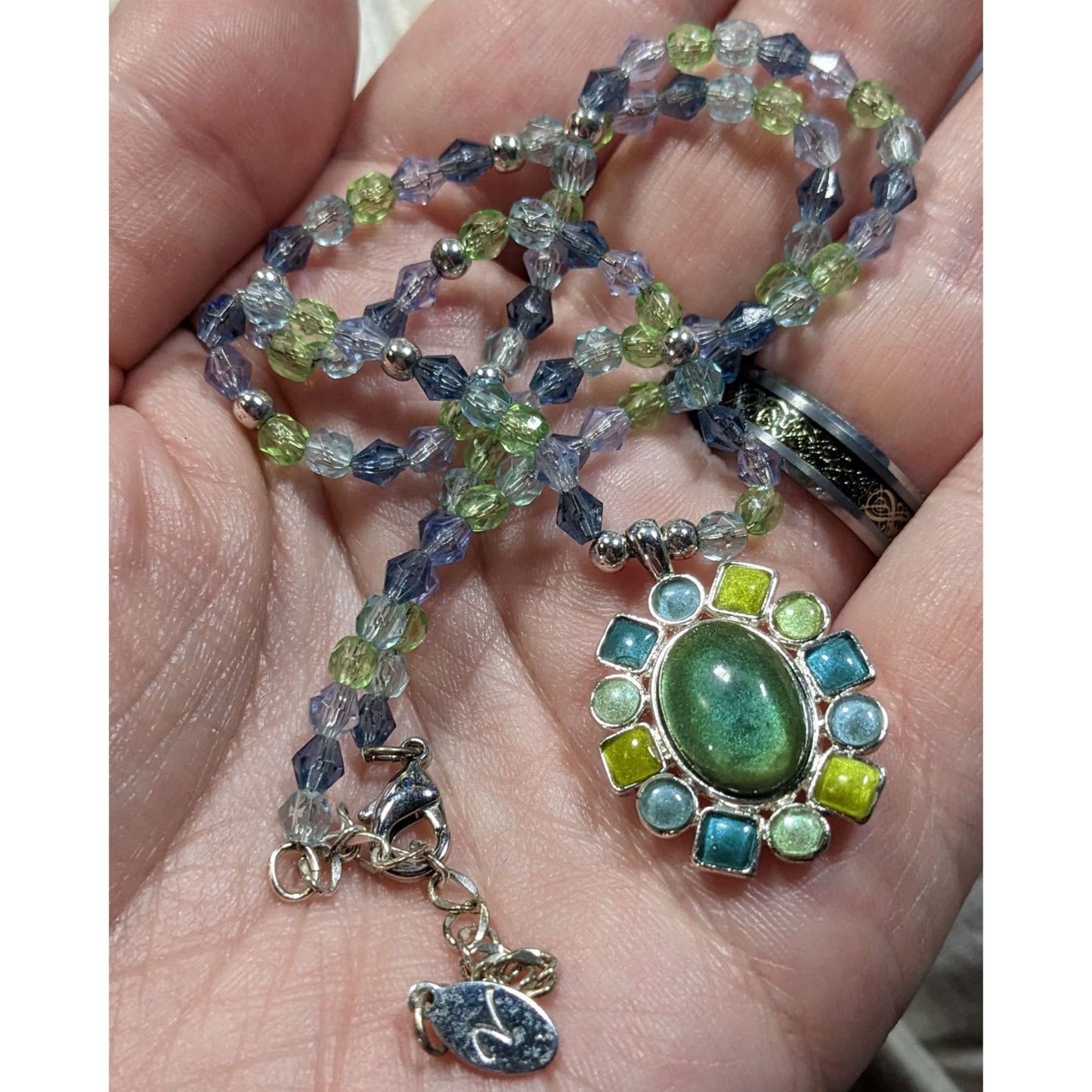 Village Blue And Green Pendant Necklace With Enamel Accents