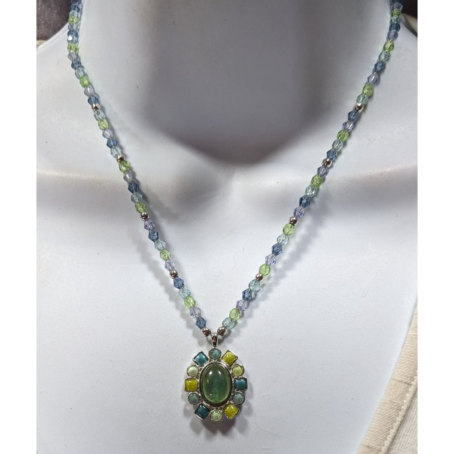 Village Blue And Green Pendant Necklace With Enamel Accents