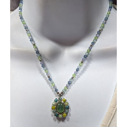 Village Blue And Green Pendant Necklace With Enamel Accents